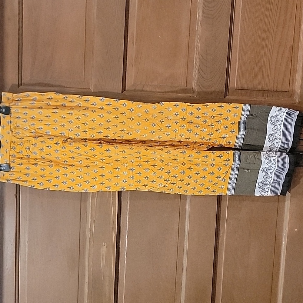 Connection 18 Mustard Trousers with Monochrome Leaf Design